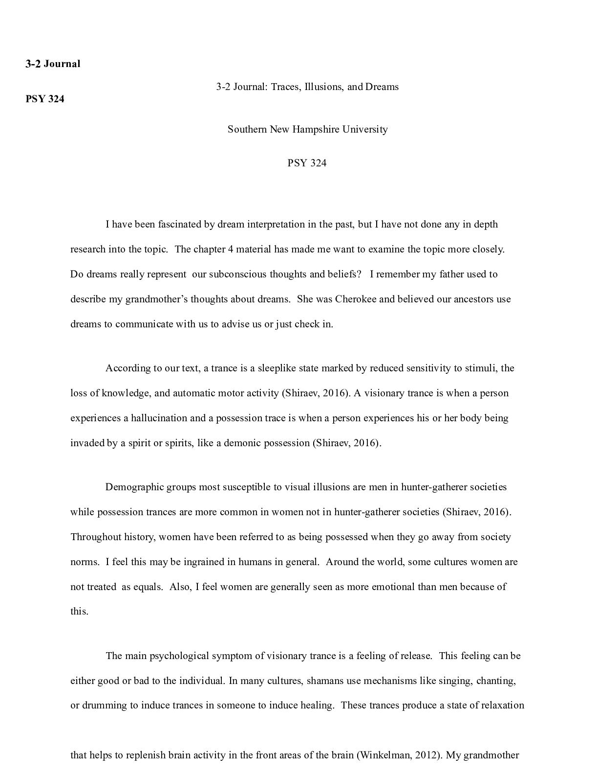 Preview image for 3 2 Journal.docx  3-2 Journal  3-2 Journal: Traces, Illusions, and Dreams  PSY 324  Southe